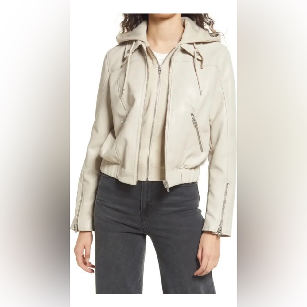 NWT BLANKNYC Faux Leather Bomber Jacket with Removable Hood, Size Small